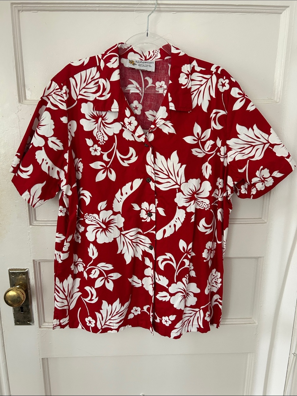 Red & White Hawaiian Short-sleeve Button-Down Shirt, W XL, EUC